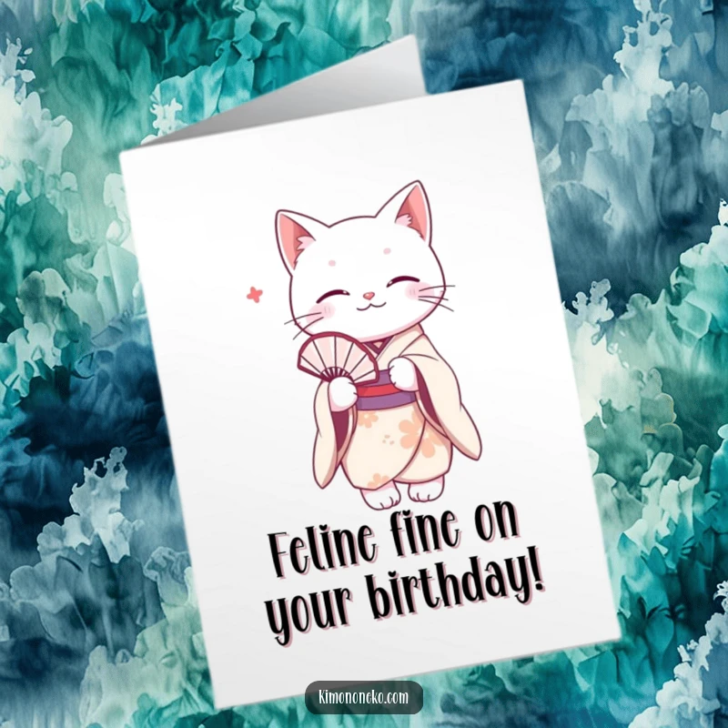 Funny Free Printable Birthday Card: a graceful white cat in a delicate kimono holds a fan, ready to celebrate with style.
