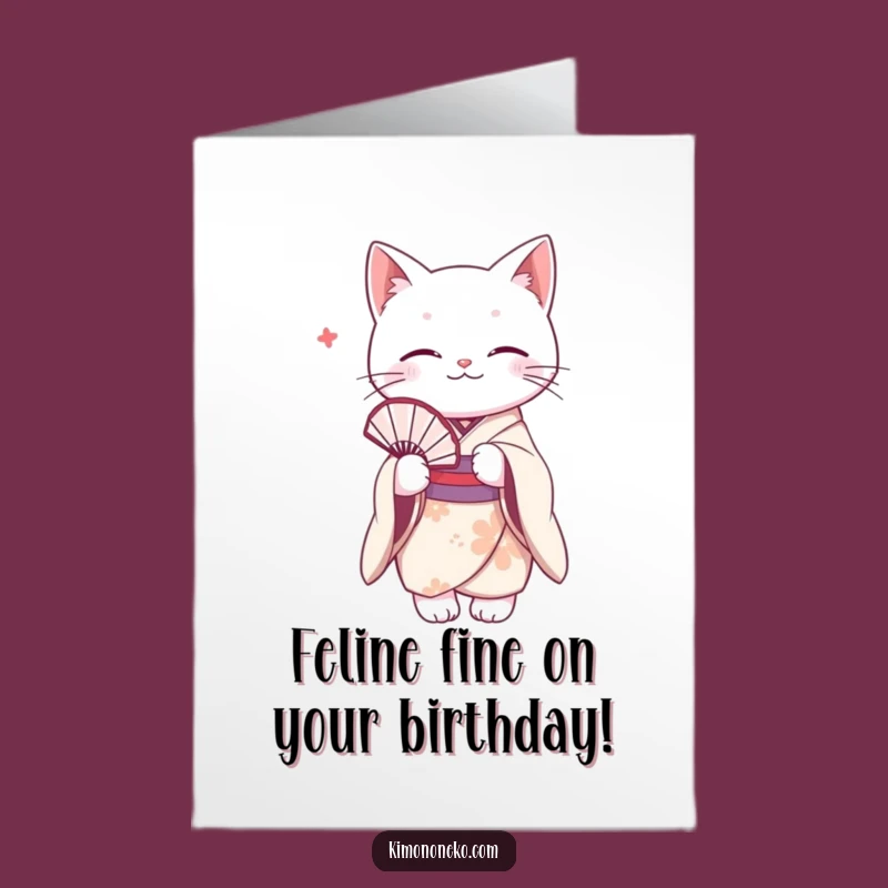 Free Printable White Cat Birthday Card: Fan Holding Kimono Cat Funny Gift