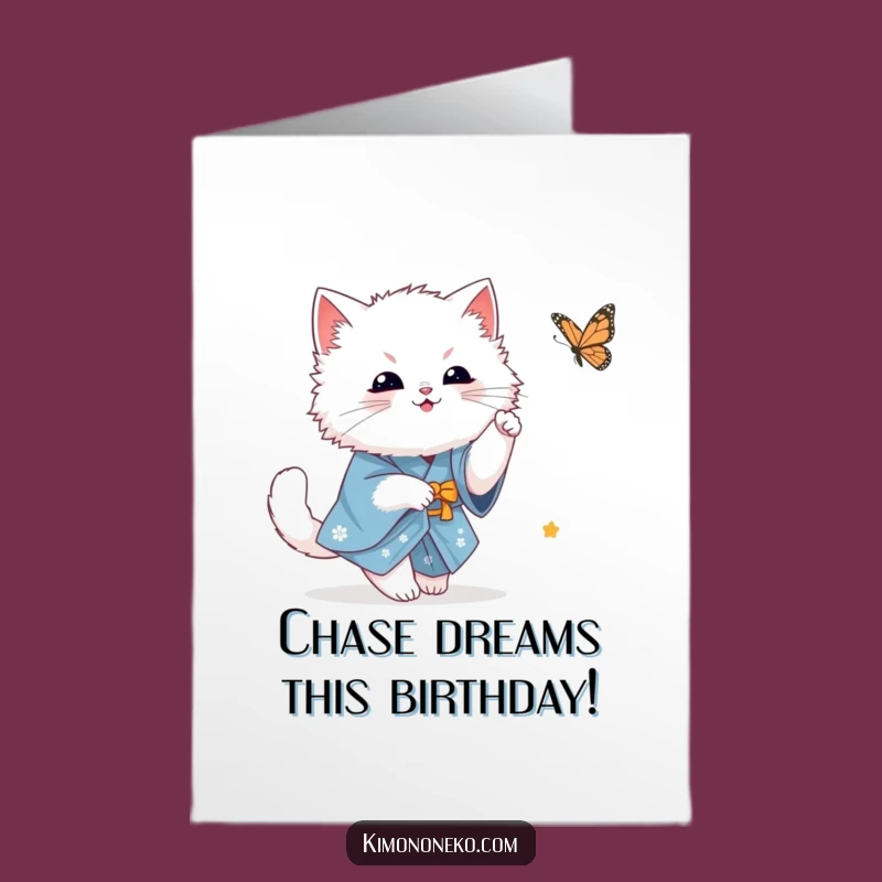 Free Printable Bday Card: White Cat Butterfly Chase Funny Downloadable Gift