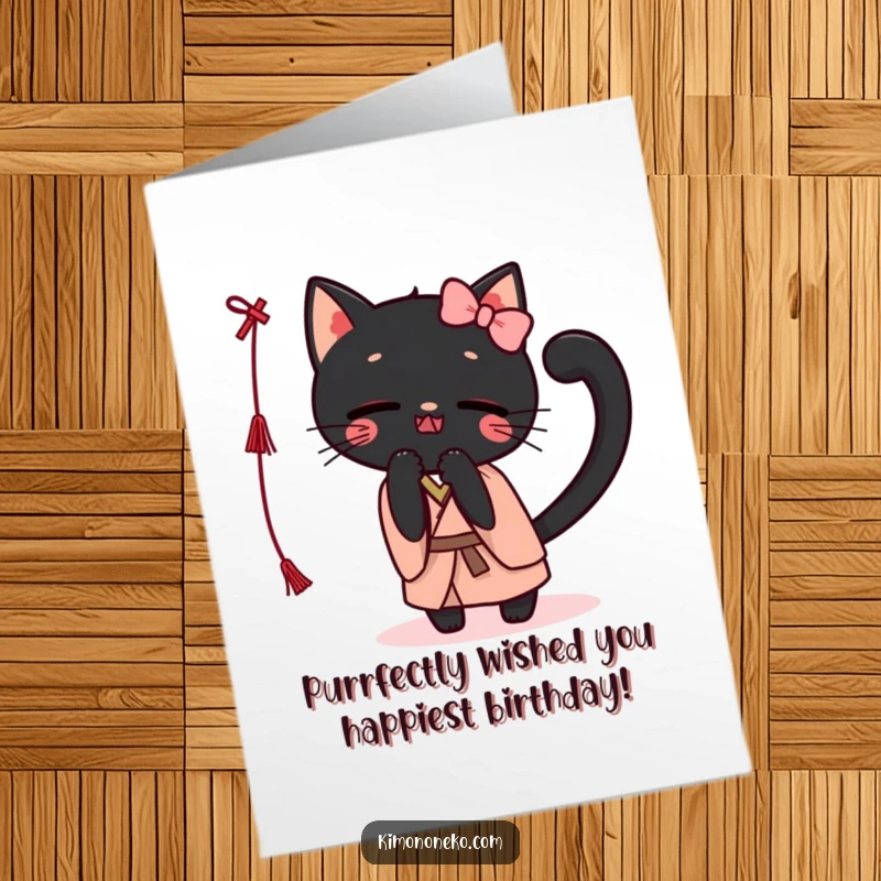 Funny Free Printable Birthday Card featuring a Kawaii black cat in a kimono, happily batting at a string with mischievous intent.
