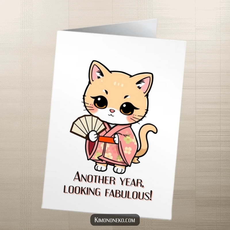 Funny Free Printable Birthday Card: Kawaii cat in a floral kimono elegantly poses with a fan, looking graceful and chic.
