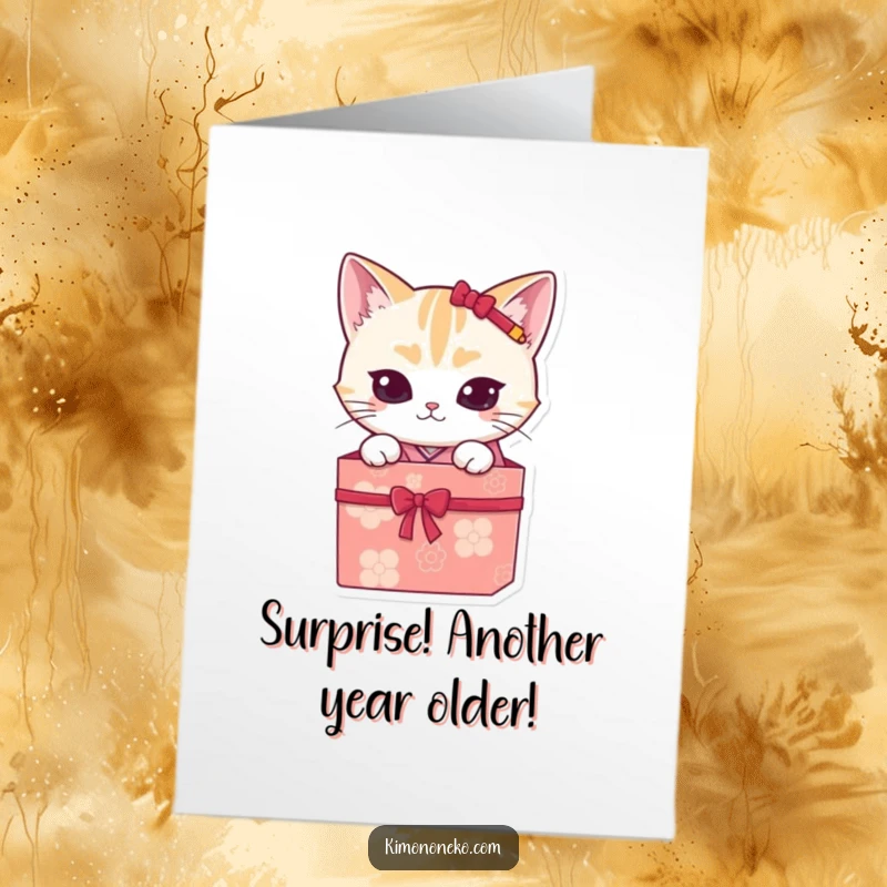 Funny Free Printable Birthday Card featuring a mischievous kawaii cat in a kimono peeking from a gift box, ready to surprise.