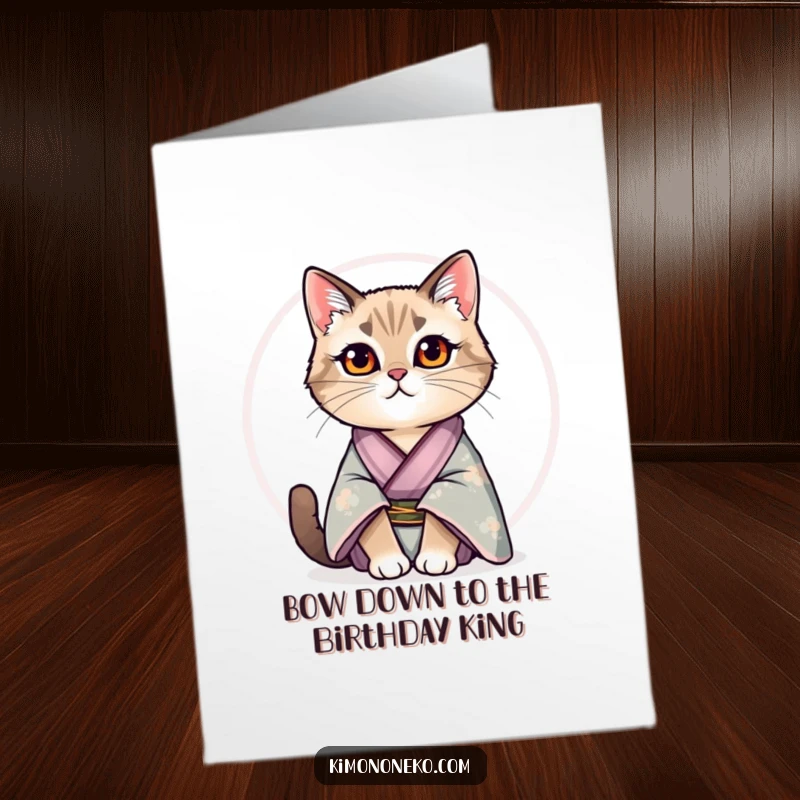 Funny Free Printable Birthday Card: Regal cat in a luxurious silk kimono sits proudly, exuding dignity.