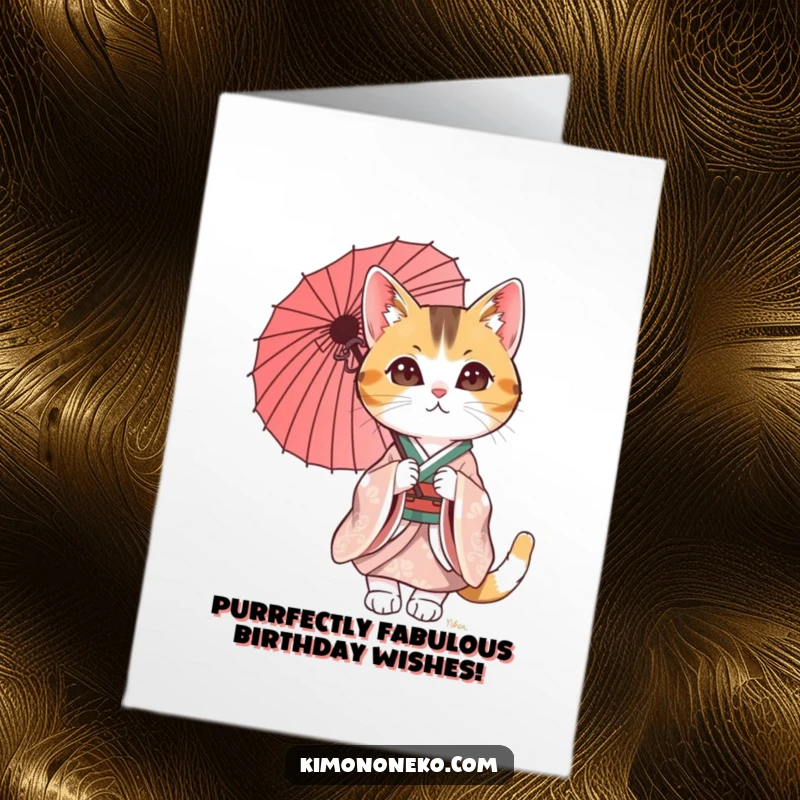 Funny Free Printable Birthday Card: Calico cat in a stylish kimono with parasol, ready to party.