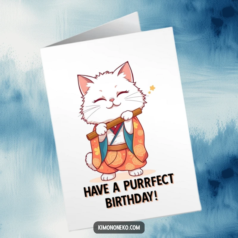 Funny Free Printable Birthday Card: A fluffy white cat in a vibrant kimono miming playing a flute with musical flair.