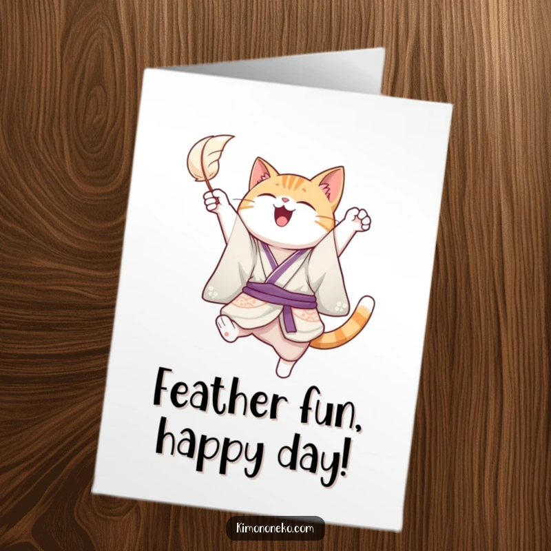 Funny Free Printable Birthday Card of a joyful cat in a kimono, leaping playfully to catch a floating feather.