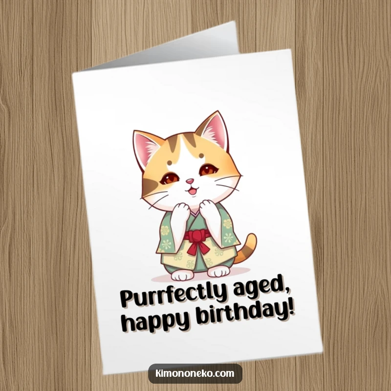 Funny free printable birthday card featuring a Kawaii calico cat in a festive kimono, bowing politely.