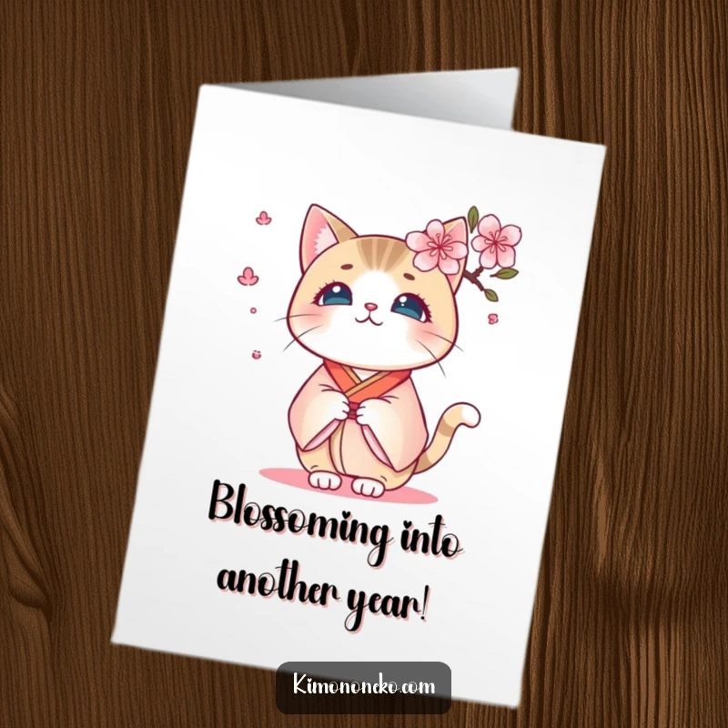 Funny Free Printable Birthday Card: Kawaii cat in kimono surprised by cherry blossom, perfect for a downloadable gift.