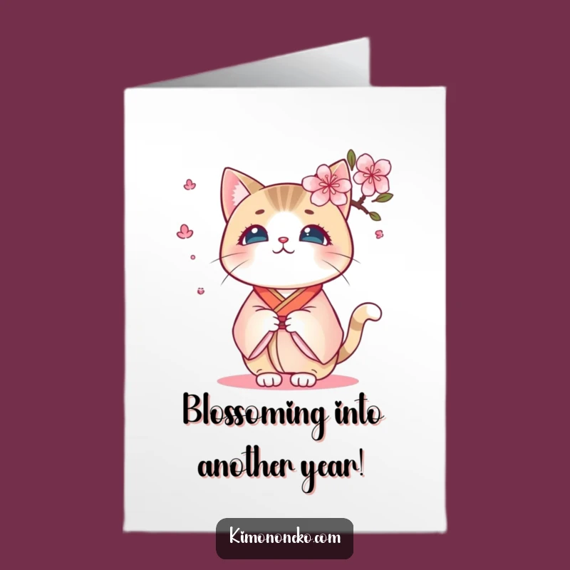 Free Printable Kawaii Cat Kimono Card: Funny Surprise Blossom Birthday Gift