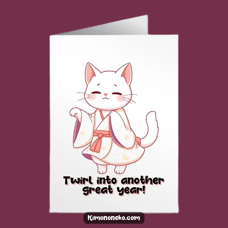 Free Printable Kawaii White Cat Birthday Card: Twirling Downloadable Gift