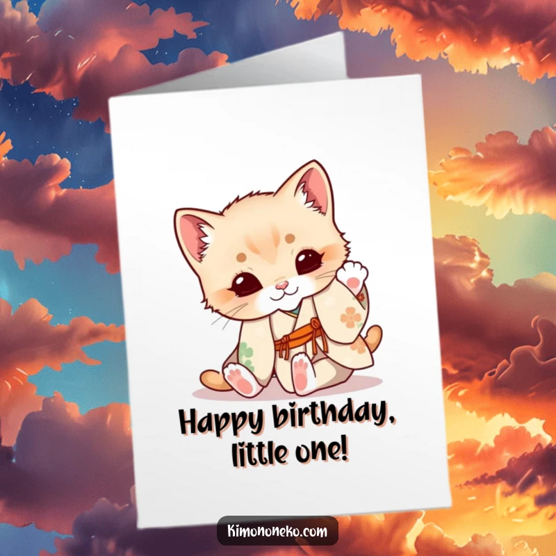 Funny Free Printable Birthday Card: A cute kitten in a floral kimono playfully tumbling with boundless energy and joy.