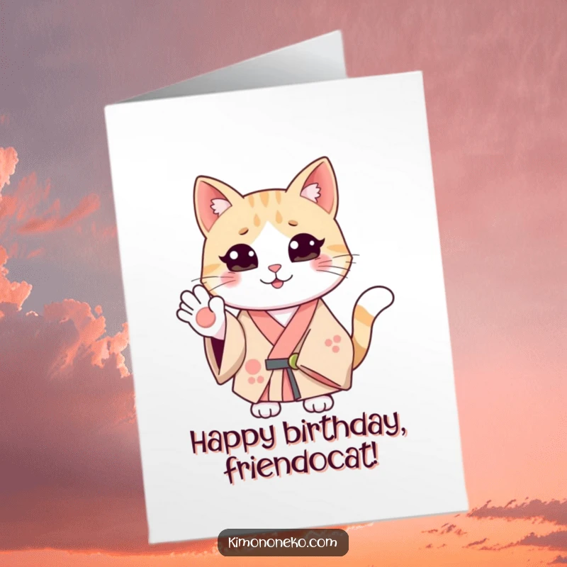 Funny Free Printable Birthday Card: a smiling cat in a kimono waves cheerfully, sending happy birthday greetings with a friendly demeanor.