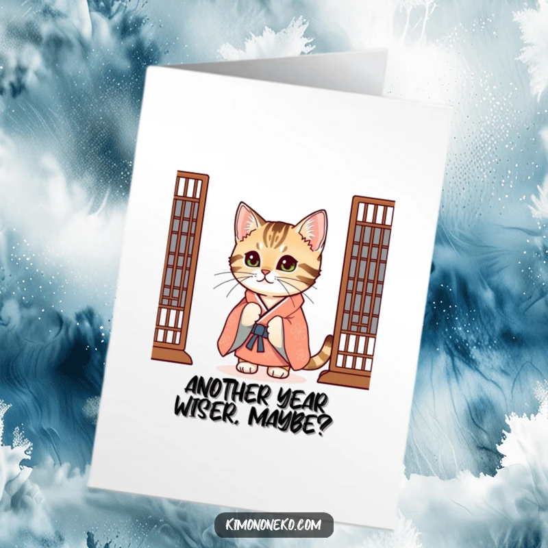 Funny Free Printable Birthday Card: A curious tabby cat in a festive kimono peeking from behind a screen with mischievous eyes.