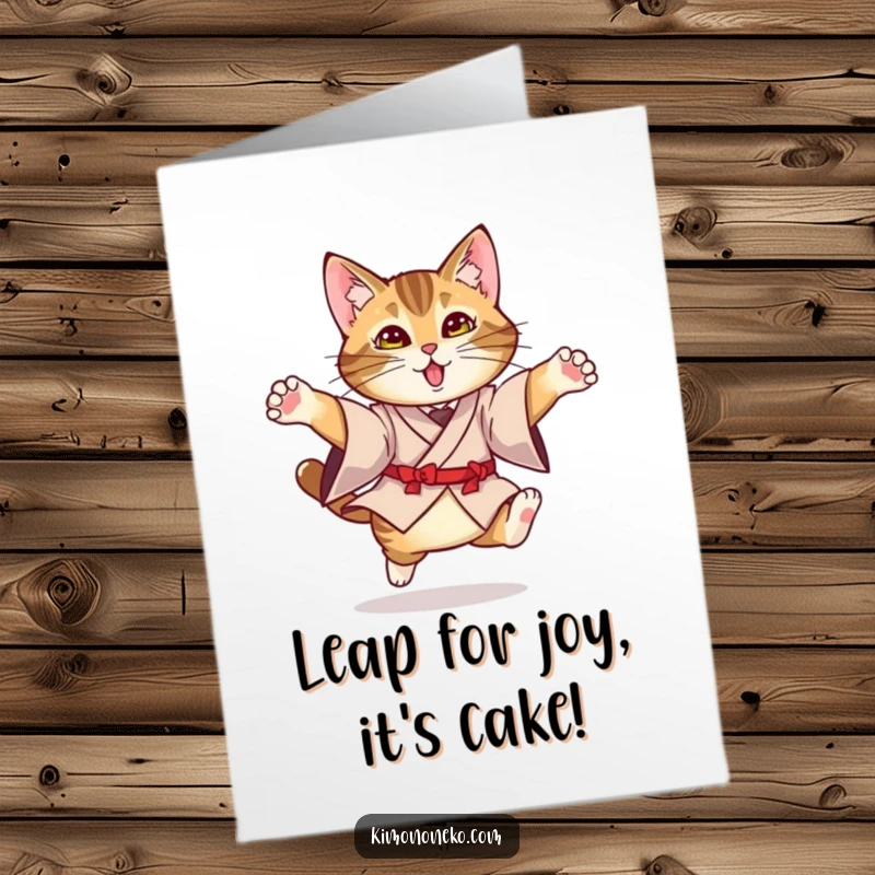 Funny Free Printable Birthday Card: Tabby cat in formal kimono leaping gracefully, paws outstretched, ready to deliver birthday cheer.