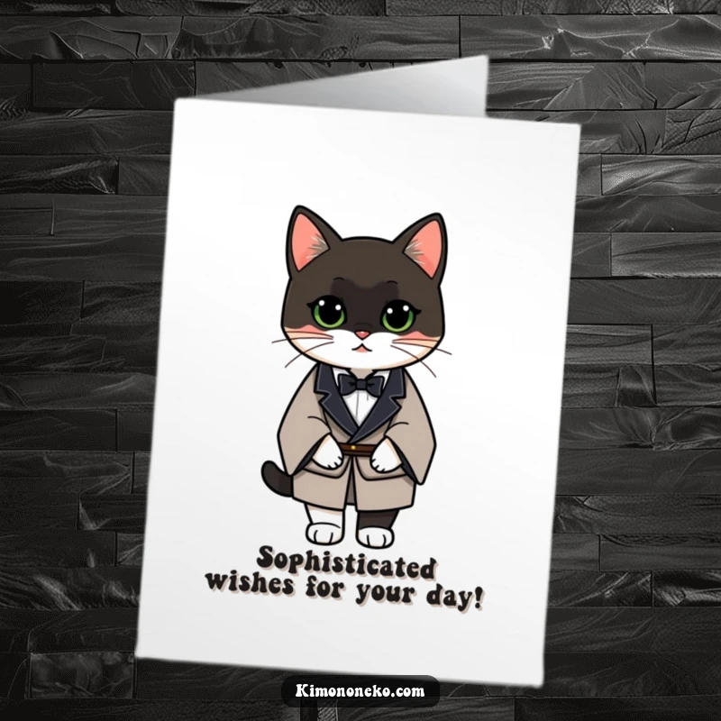 Funny Free Printable Birthday Card: Elegant tuxedo cat in a formal kimono, exuding birthday sophistication.