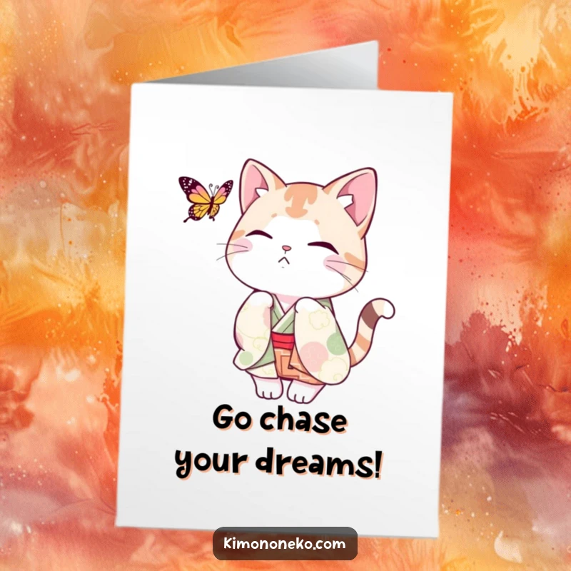 Funny Free Printable Birthday Card: Playful cat in a kimono chases a butterfly with joyful abandon, perfect for a fun birthday.