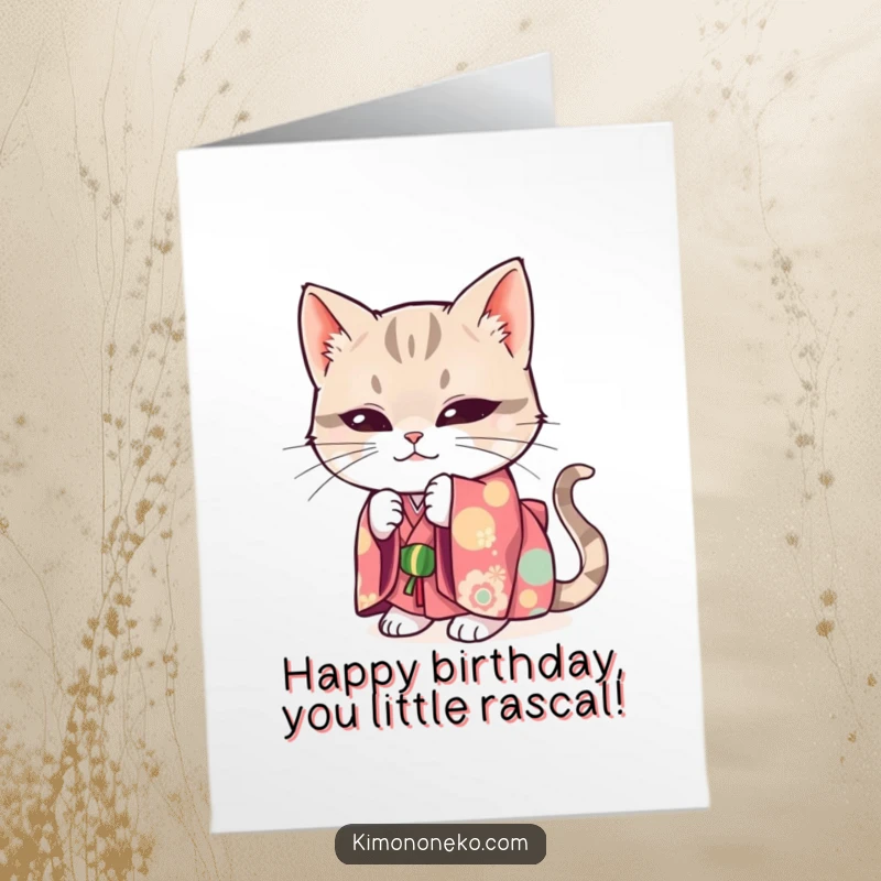Funny Free Printable Birthday Card: a mischievous cat in a bright kimono hiding playfully, perfect for a surprise birthday wish.