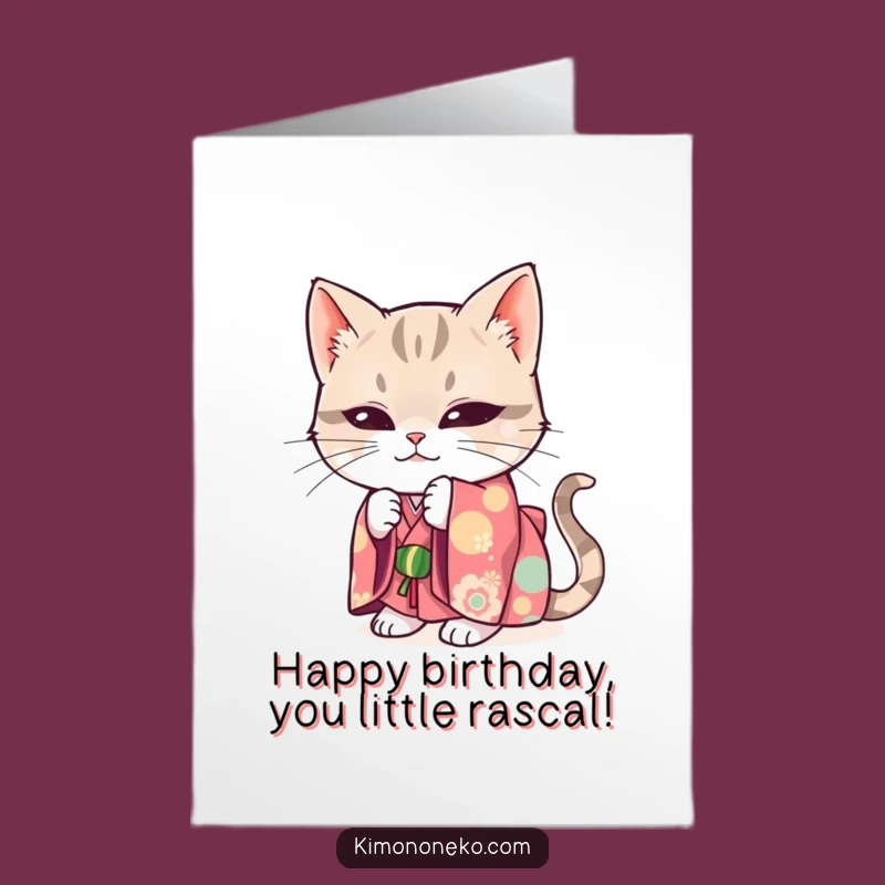 Free Printable Birthday Card: Mischievous Cat Kimono Playful Funny Downloadable Gift