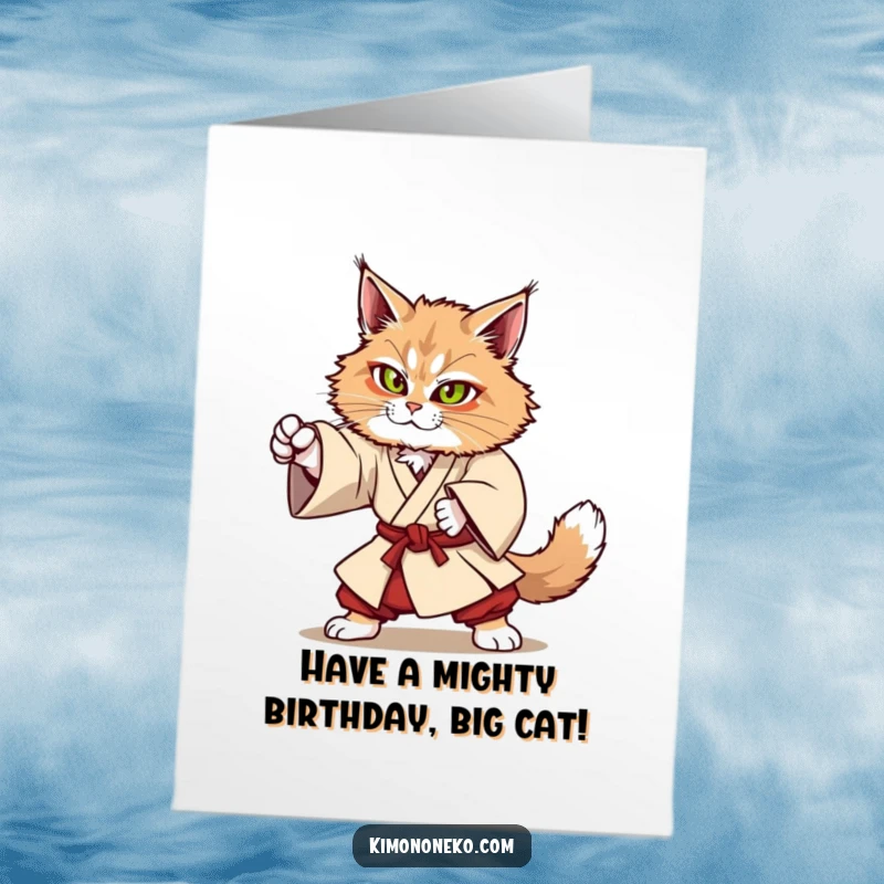 Funny Free Printable Birthday Card: A Kawaii Maine Coon cat in a sturdy kimono, attempting a powerful martial arts move.