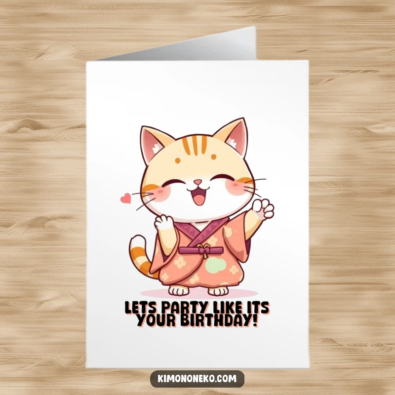 Funny Free Printable Birthday Card: Kawaii cat in a beautiful kimono gives a spirited, enthusiastic cheer with joy.