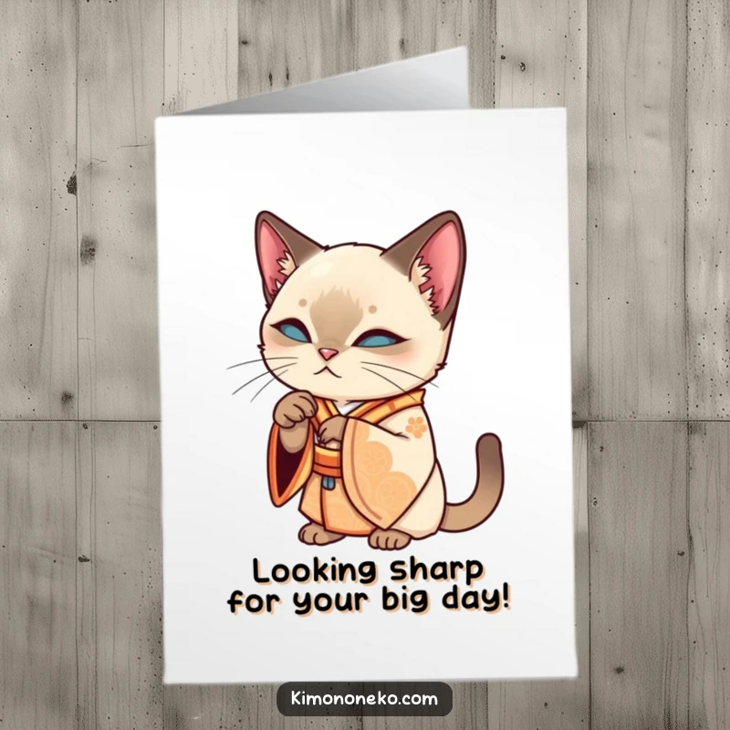 Funny Free Printable Birthday Card featuring an elegant Siamese kawaii cat in an ornate kimono grooming its paw with sophisticated humor.