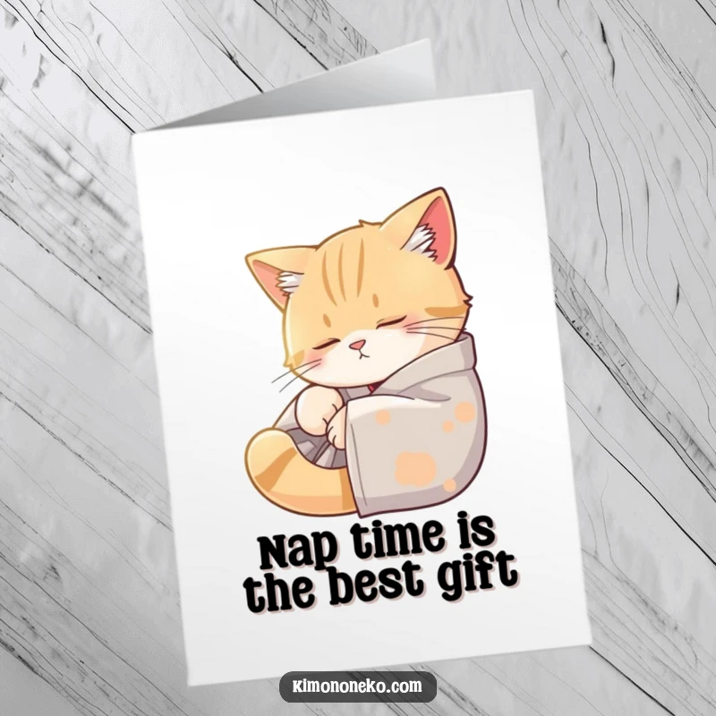Funny Free Printable Birthday Card: Sleepy cat in a kimono naps peacefully in a sunbeam, radiating cozy birthday cheer.