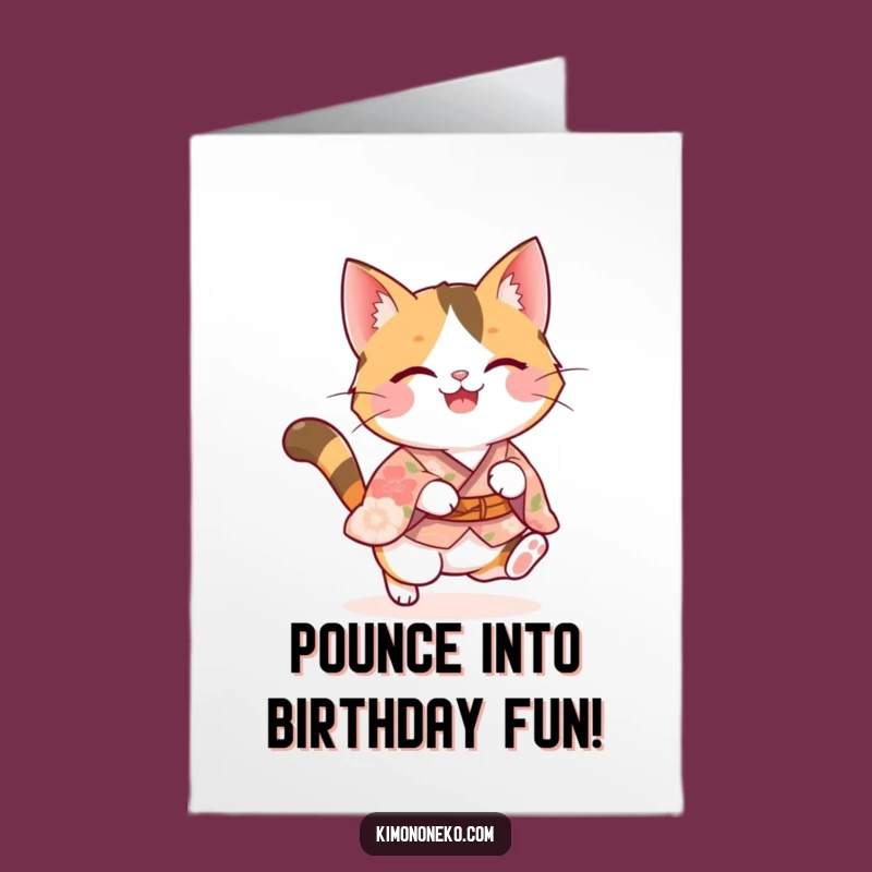 Free Printable Birthday Card: Joyful Calico Cat Pounce Funny Downloadable Gift