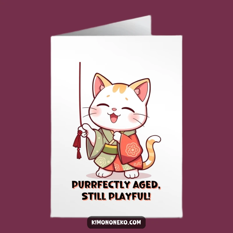 Funny Free Printable Birthday Card: Kawaii Cat in Kimono Batting String - Downloadable Gift