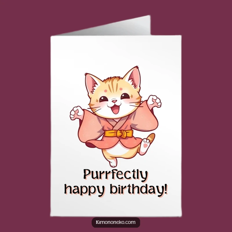 Free Printable Birthday Card: Playful Kitten Leaping in Kimono, Fun Downloadable Gift