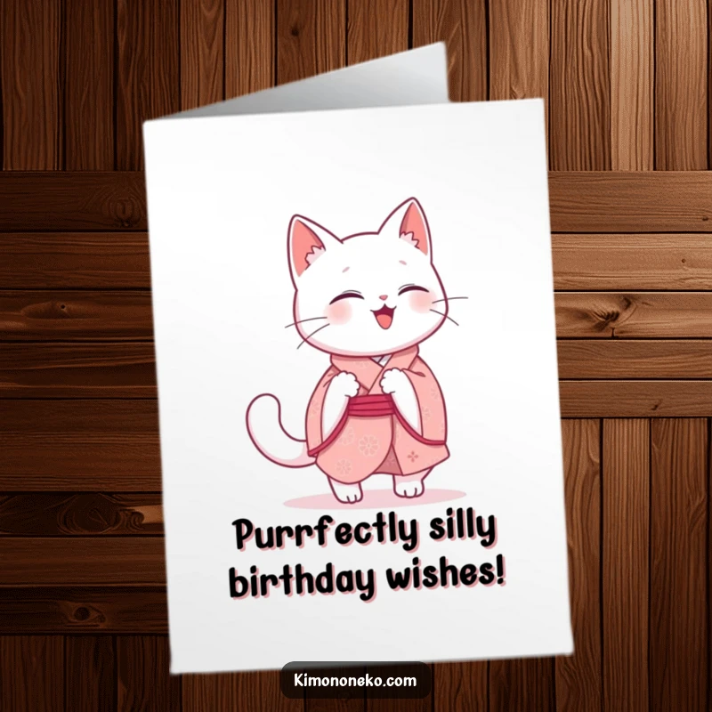 Funny Free Printable Birthday Card: Giggling kawaii white cat in a pink kimono chasing its own tail.