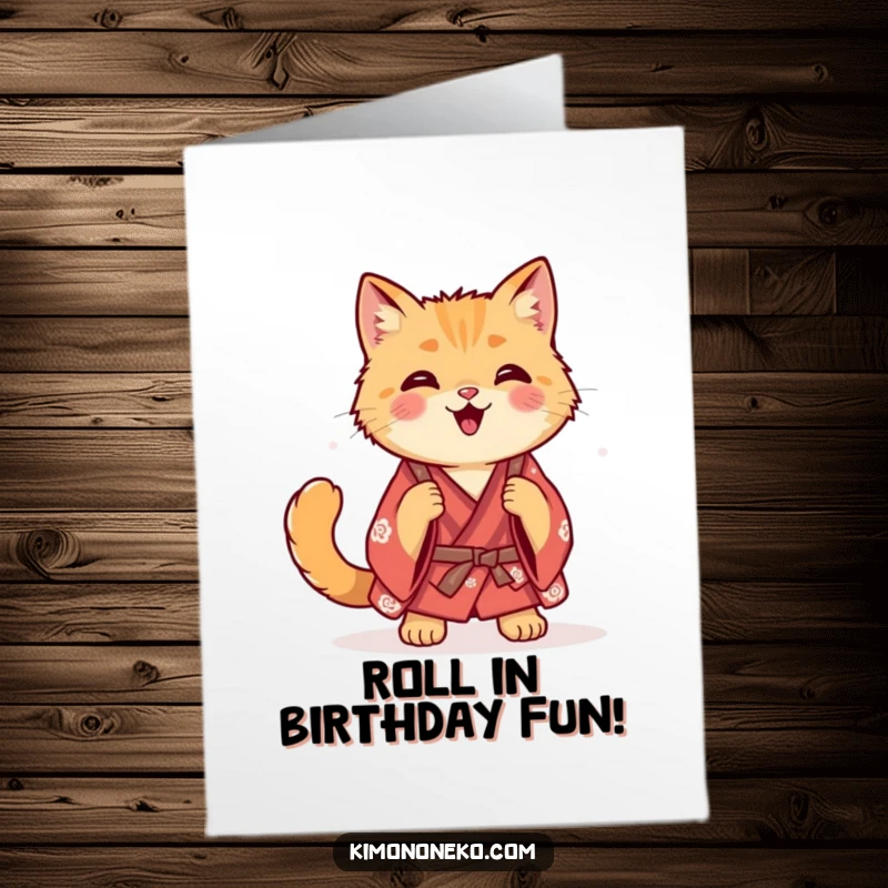 Funny Free Printable Birthday Card featuring a ginger cat in a casual kimono doing a joyful, happy roll on the floor.