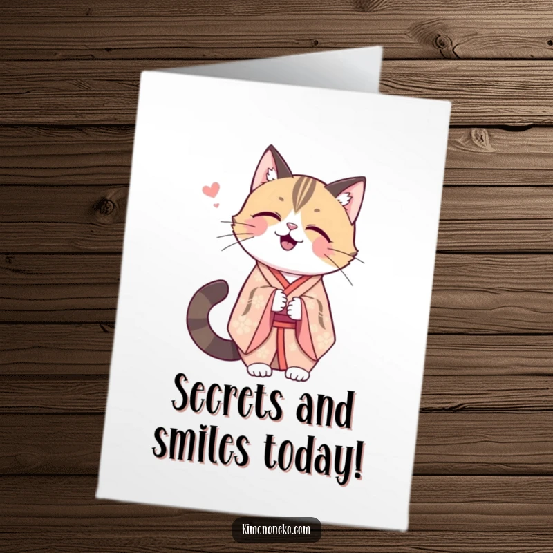 Funny Free Printable Birthday Card: Kawaii cat in an elegant kimono shares a secret, mischievous giggle.