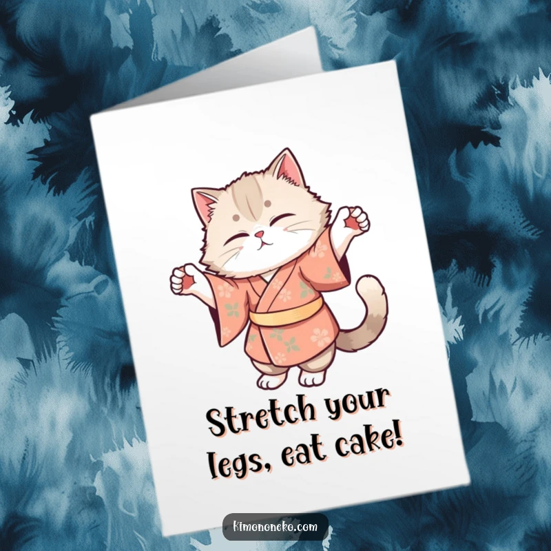 Funny Free Printable Birthday Card: Fluffy cat in floral kimono doing a graceful yoga stretch, serene and cute.