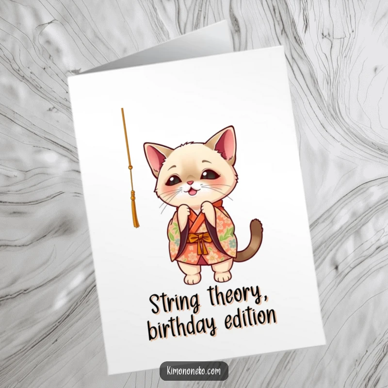 Funny Free Printable Birthday Card: Kawaii Siamese Cat in floral kimono batting at string, ready to party.
