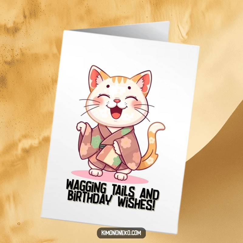 Funny Free Printable Birthday Card featuring a happy cat in a colorful kimono energetically wiggling its tail with joy.