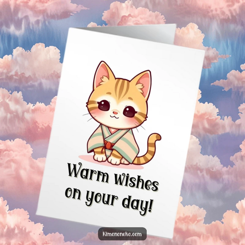 Funny Free Printable Birthday Card: Content kawaii tabby cat in a striped kimono basking in sun.