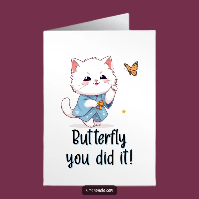 Free Printable Congrats Card: White Cat Butterfly Fun Funny Downloadable Gift