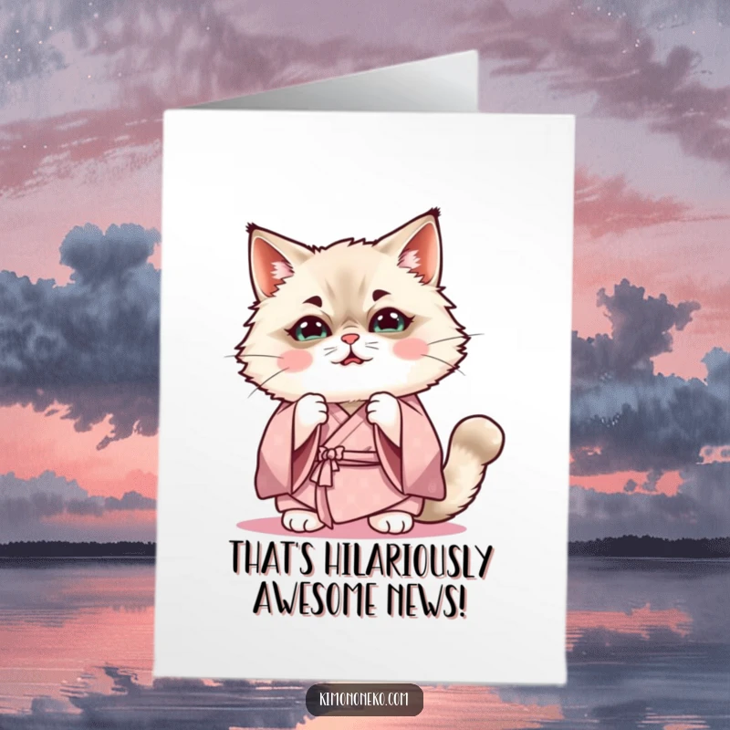 Funny Free Printable Congratulations Card: Kawaii Ragdoll cat in a soft kimono, trying out a funny, exaggerated expression.