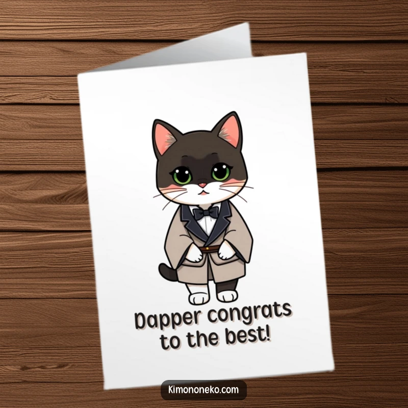 Funny Free Printable Congrats Card: Elegant tuxedo cat in a formal kimono, projecting suave congratulations.