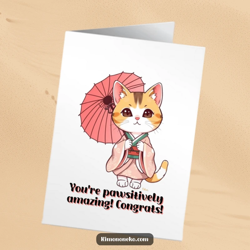 Funny Free Printable Congrats Card: Elegant calico cat in a kimono holding a parasol, conveying congratulations.
