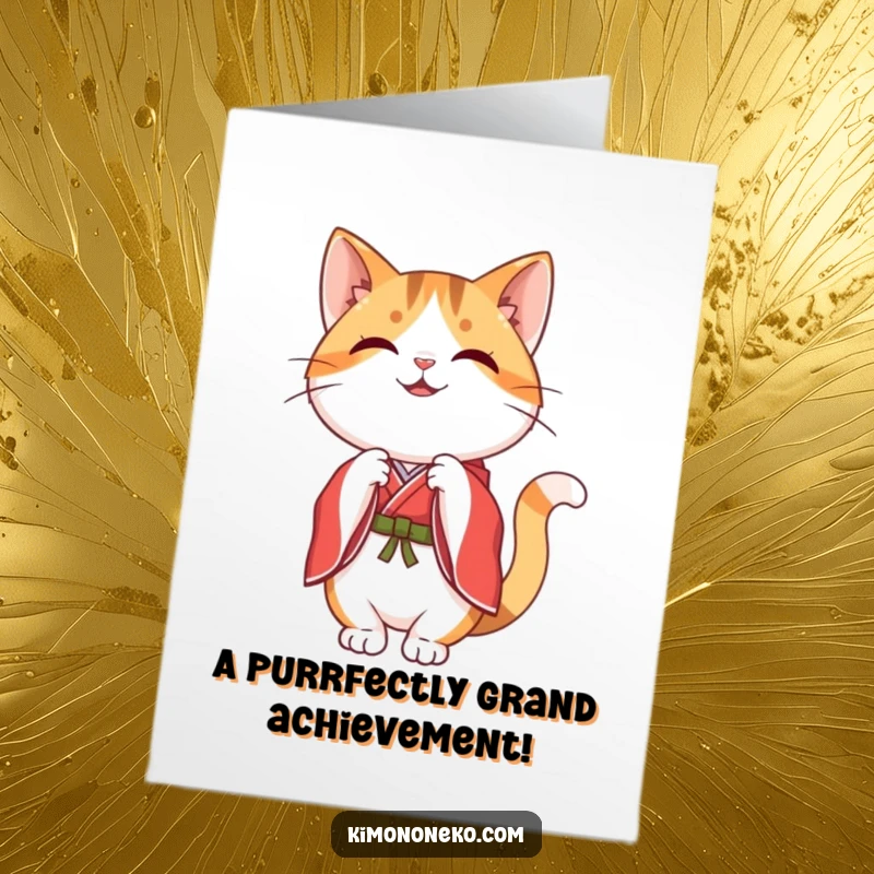 Free Printable Congratulations Card: A kawaii calico cat in a red kimono bows gracefully in celebration.
