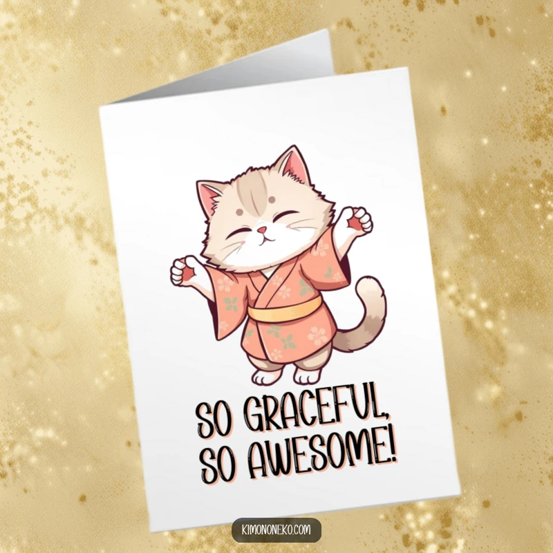 Funny Free Printable Congratulations Card: Fluffy cat in floral kimono doing a graceful stretch, celebrating achievement.