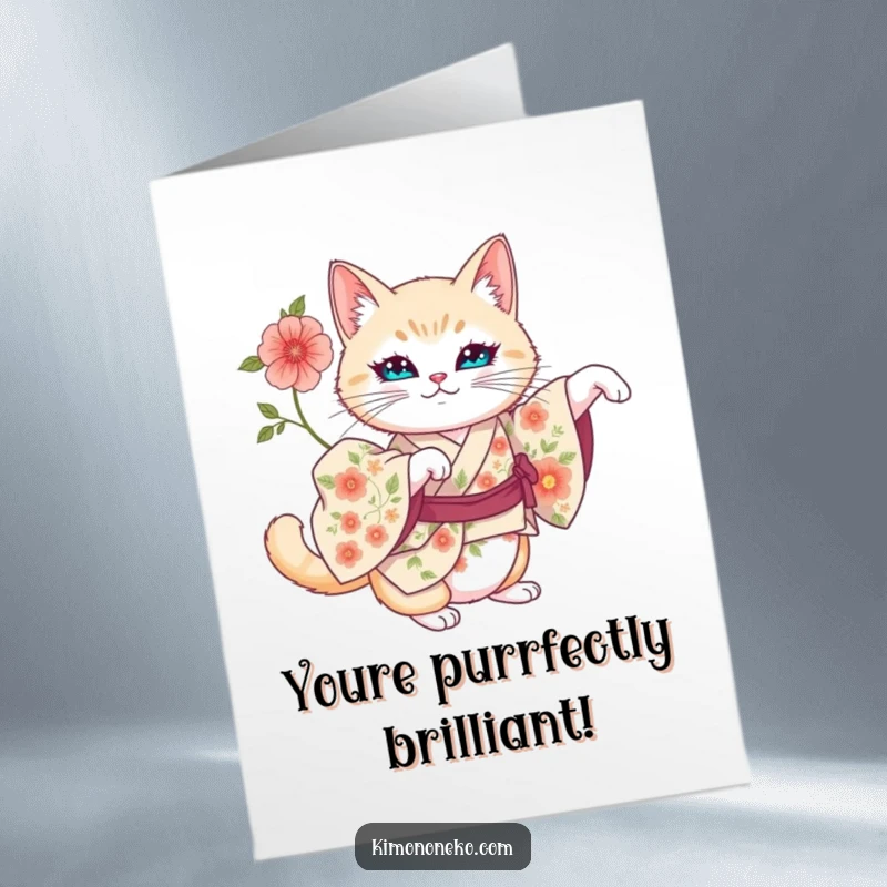 Funny Free Printable Congratulations Card: an artistic cat in a floral kimono stretching regally, a sophisticated way to say congrats.