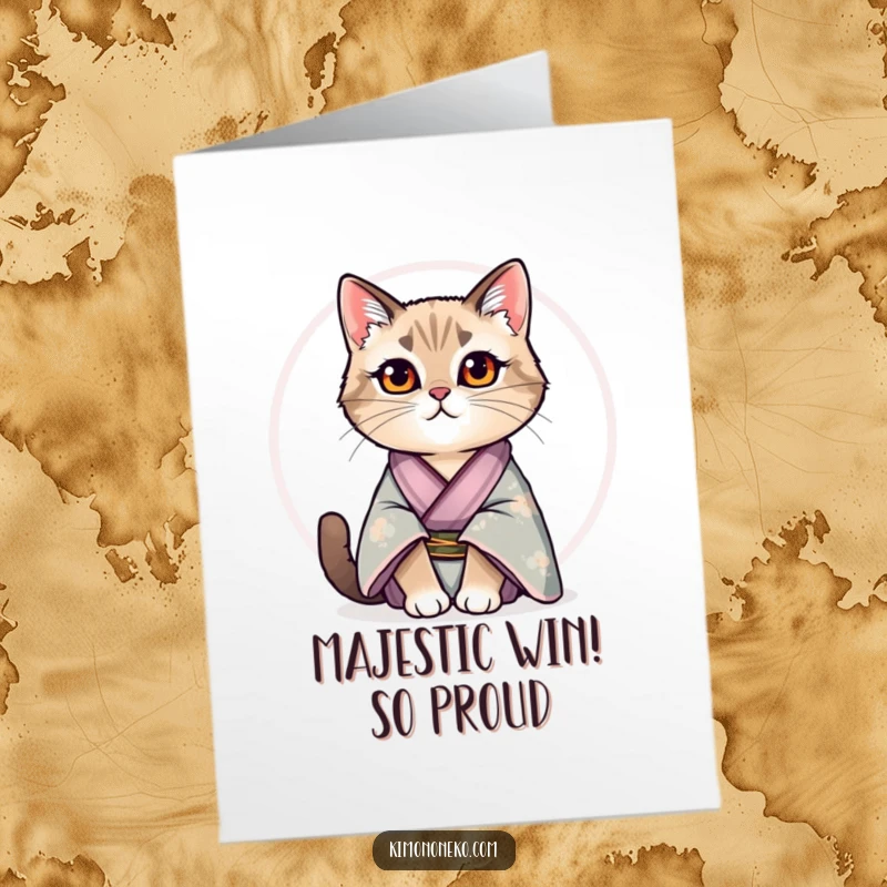 Funny Free Printable Congratulations Card: Regal cat in a silk kimono sits proudly, acknowledging success.