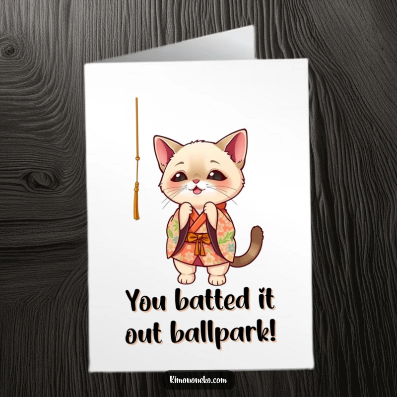 Funny Free Printable Congrats Card: Adorable Siamese cat in kimono, celebrating success with playful batting.