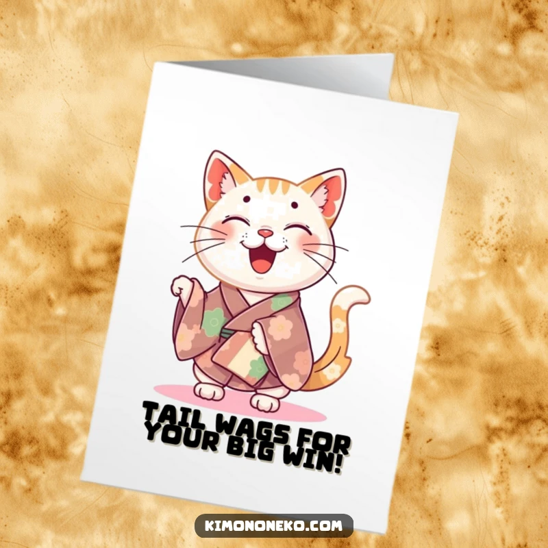 Funny Free Printable Congratulations Card: A happy cat in a colorful kimono wiggles its tail with excitement.