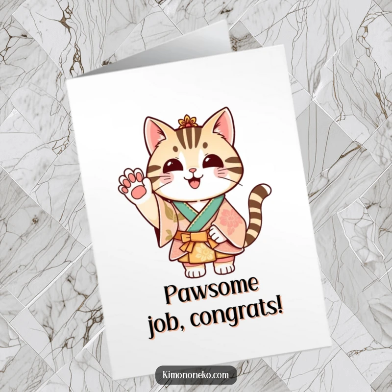 Funny Free Printable Congratulations Card: A striped cat in a festive kimono waves a happy paw.