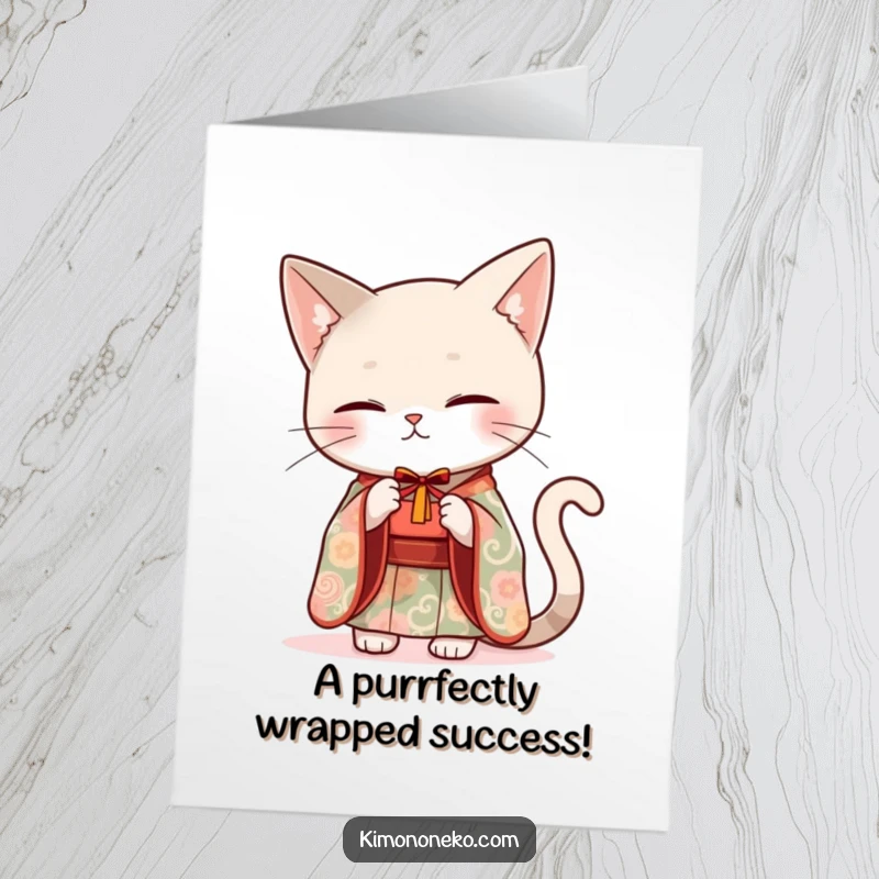 Funny Free Printable Congratulations Card: A sleek cat in an elegant kimono presenting a small gift.