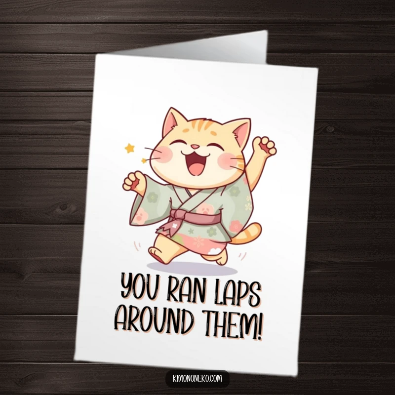 Funny Free Printable Congratulations Card: A joyful cat in a bright kimono is mid-chase, celebrating.