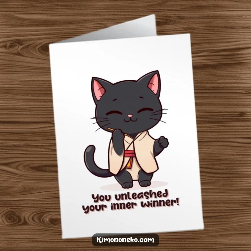 Funny Free Printable Congratulations Card featuring a Kawaii black cat in a simple kimono, playfully engaging with a piece of string.